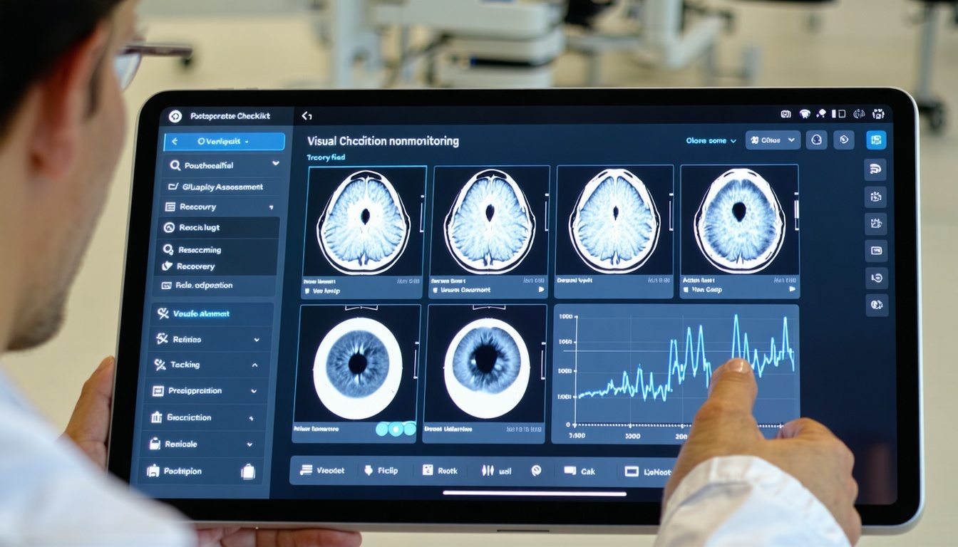 Design a tabletbased telehealth interface tailored for an ophthalmology clinic Show a live video consultation between an ophthalmologist and a patient with the doctor reviewing retinal images or visual field results onscreen Include icons or overlays-1