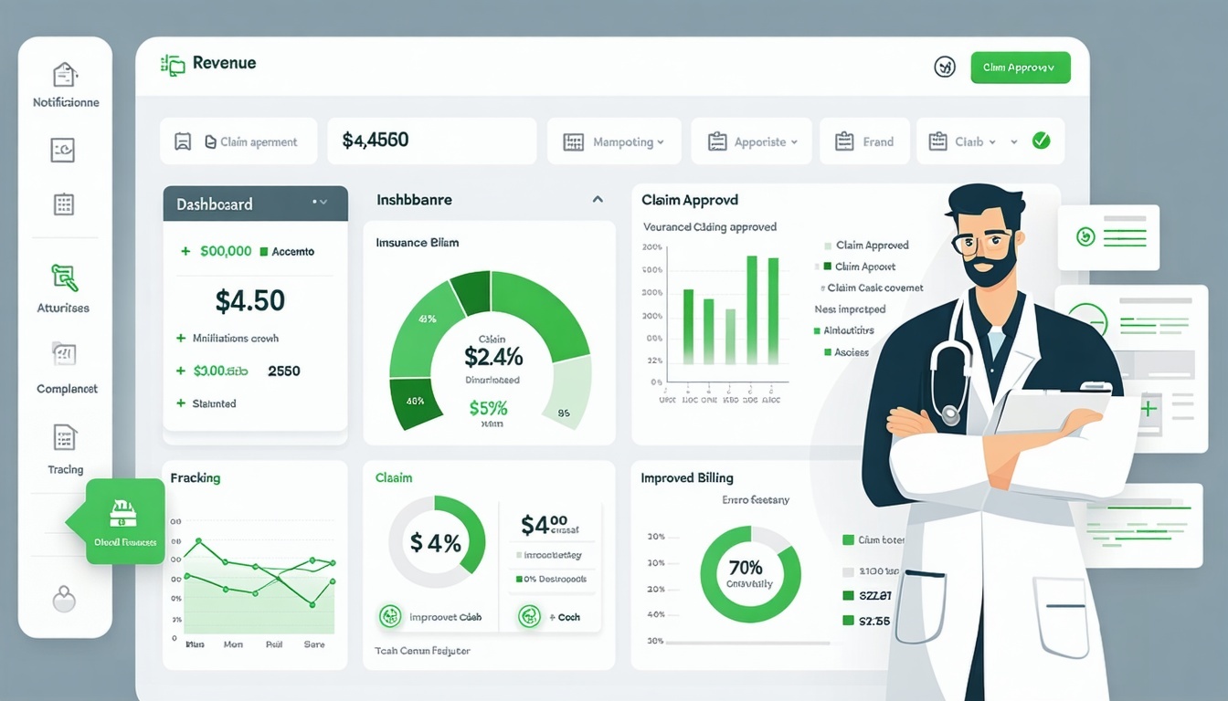 Design a visual showing a modern ophthalmology clinic using outsourced medical billing services Depict a tabletbased dashboard with billing and coding automation features insurance claim status tracking and reimbursement summaries Show financial repo-1