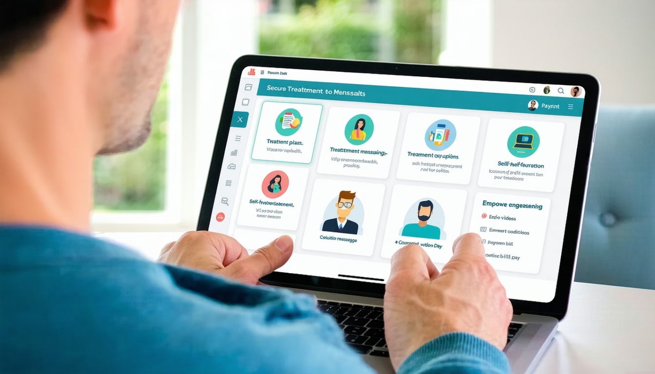 Illustration of a patient at home using a userfriendly patient portal on a tablet or laptop accessing personal health data such as treatment plans medications and test results Visual elements include secure chat icons indicating twoway messaging with