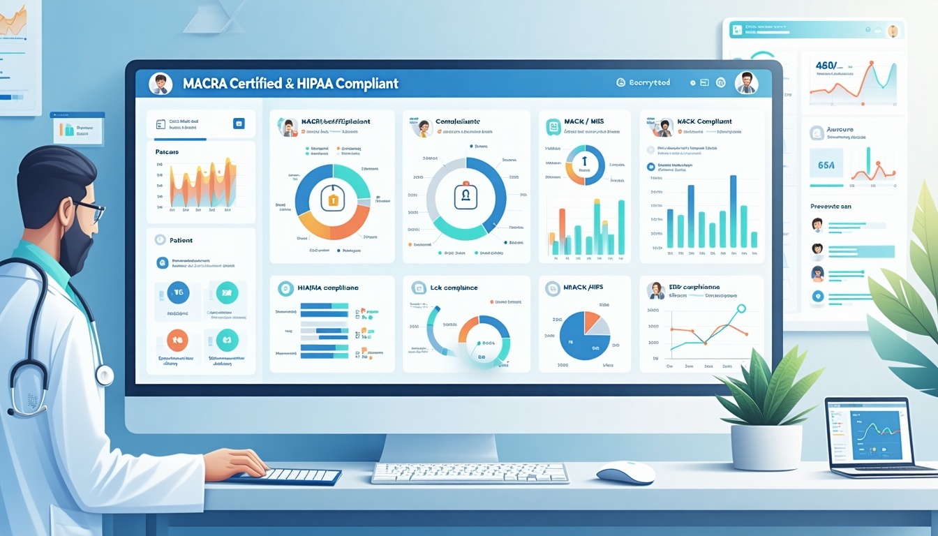 Illustration of a secure modern medical software interface labeled MACRA Certified  HIPAA Compliant on a screen in a small clinic setting A provider views a unified patient dashboard showing health status chronic conditions and preventive care alerts