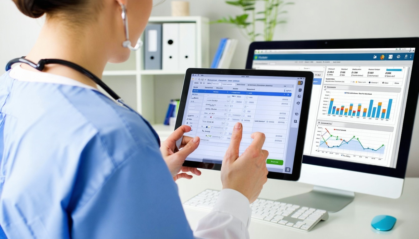 Modern medical office environment tailored for a small practice  a provider using a tablet with specialtyspecific templates on screen intake forms SOAP notes lab orders A split screen shows voice recognition and pointandclick charting options Backgro-1-1