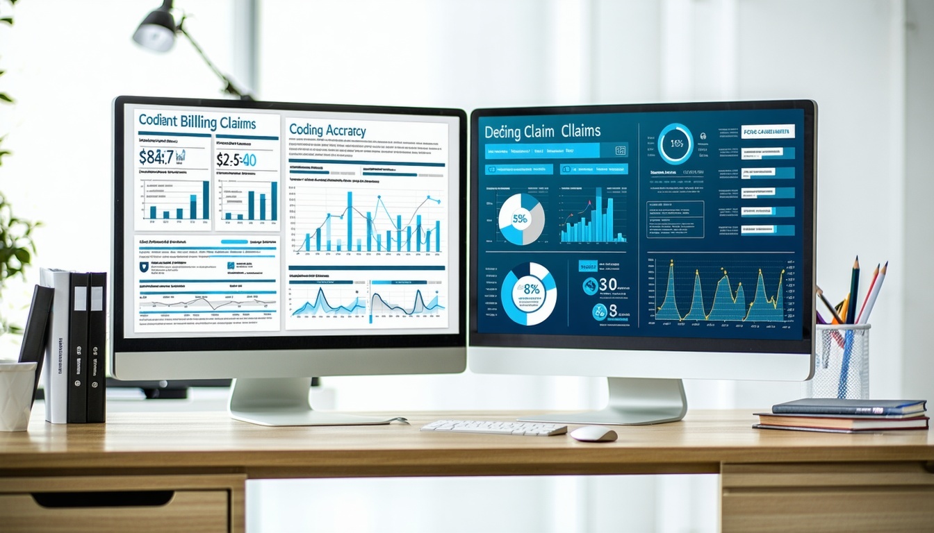 Show a small medical practice with a provider focusing on patient care while a professional billing specialist remote or inoffice manages claims on a dualmonitor setup displaying coding accuracy denied claim followups and realtime financial reports I