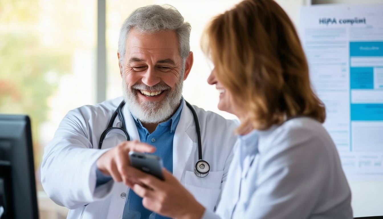 The image depicts a modern healthcare setting, showcasing a healthcare provider and a patient engaged in a conversation via a smartphone