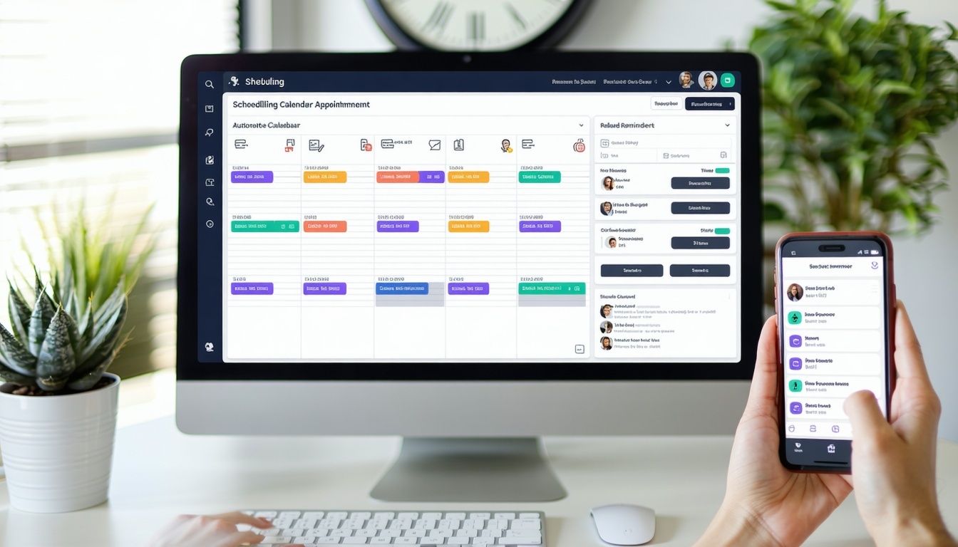 Visual of a providers office using an integrated scheduling dashboard displaying a colorcoded appointment calendar automated reminders and rescheduling options A frontdesk staff member views the same synced system on a desktop while a patient receive-1